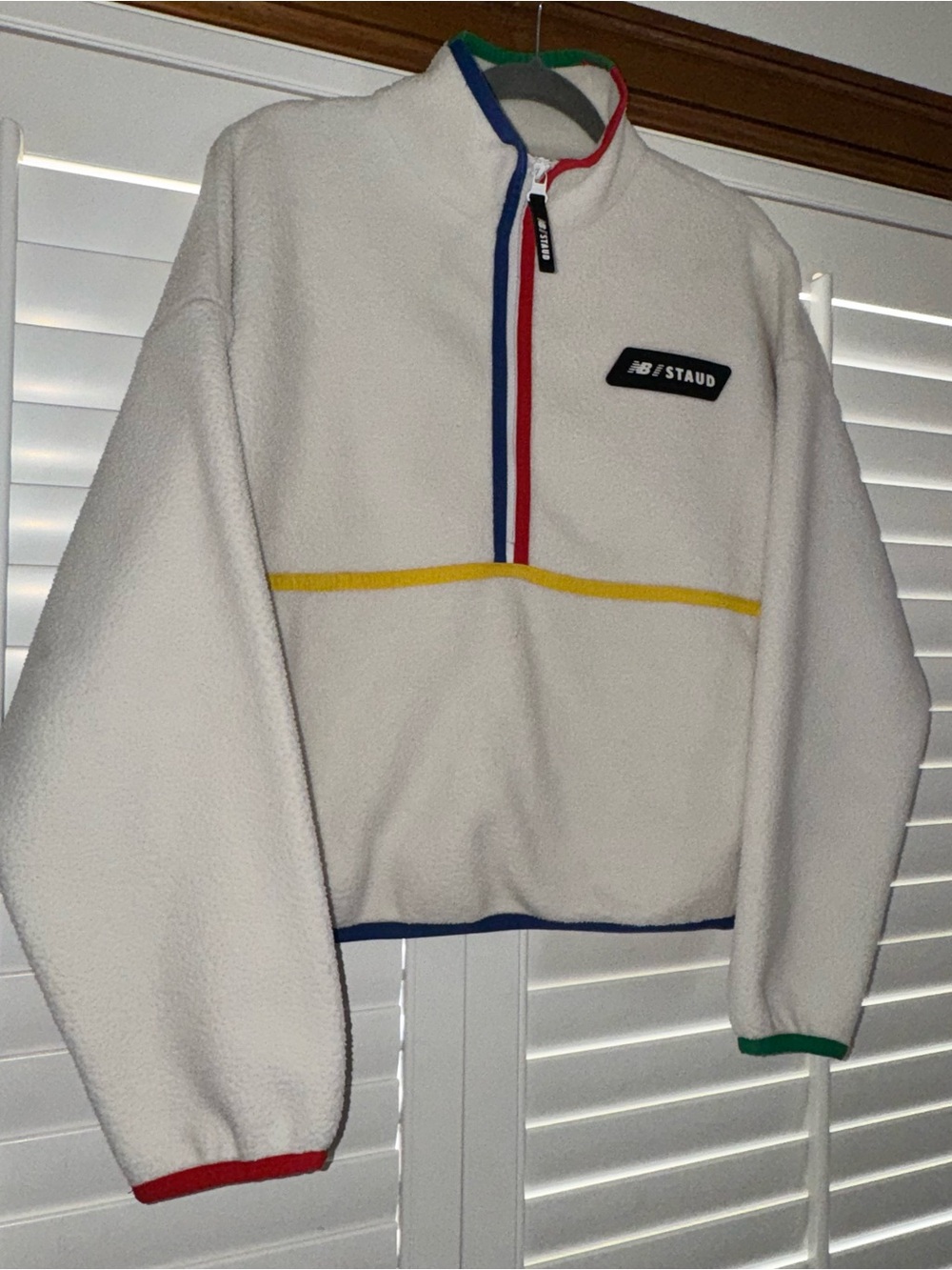 New Balance x Staud Sherpa Pullover | Sz Medium | off white with colored piping - Picture 6 of 9